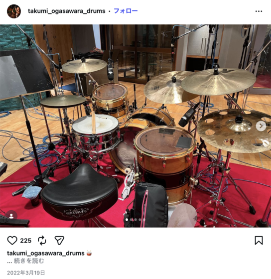 Instagram(@takumi_ogasawara_drums 2022年3月19日)